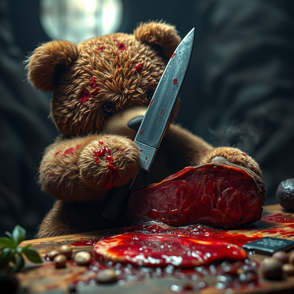 Teddy Bear Cuts Meat in a Haunting, Surreal Landscape