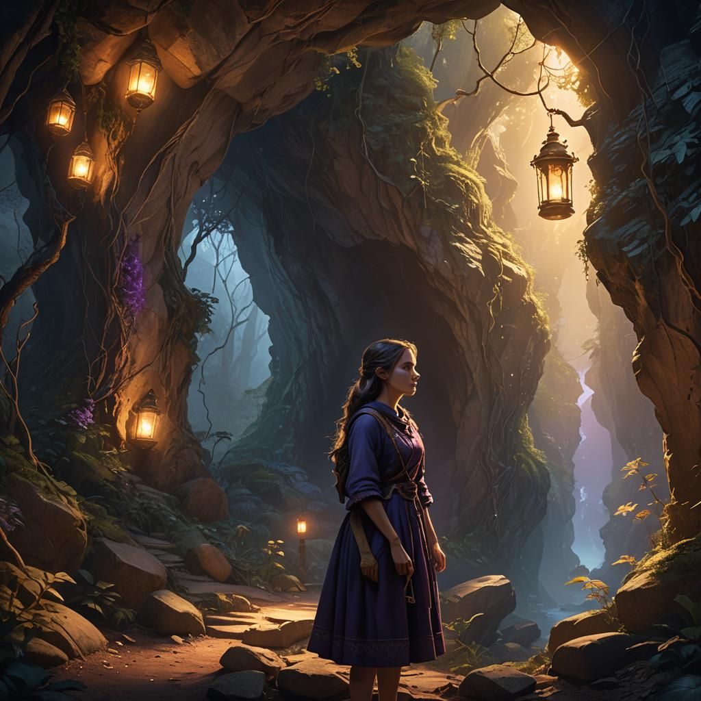 Mystical Forest: Girl with Lantern at Cave Entrance