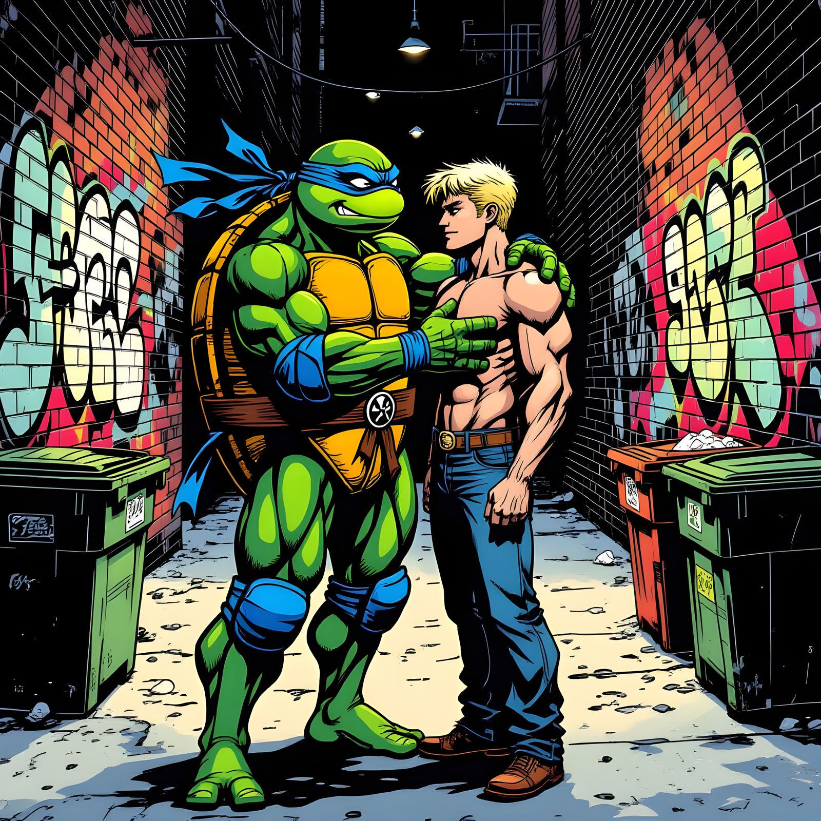 Muscular Ninja Turtle Hugs Man in Gritty Alleyway