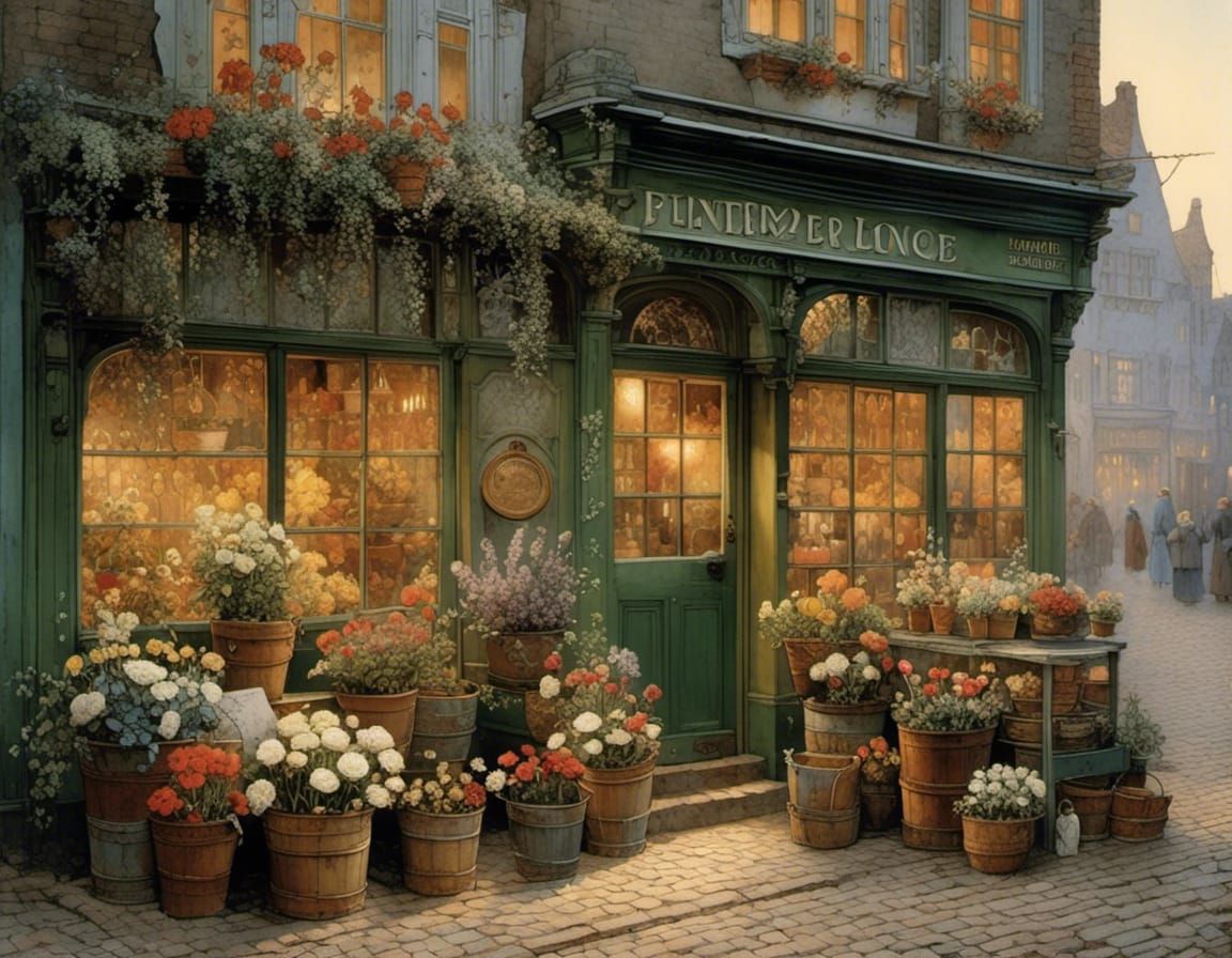 Charming Old-Fashioned Flower Shop in Evening Light