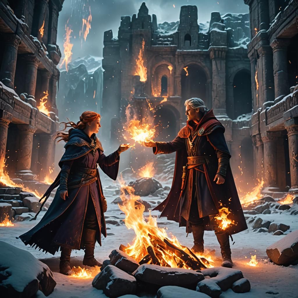 Fire and Ice Mages Duel in Frozen Ruins