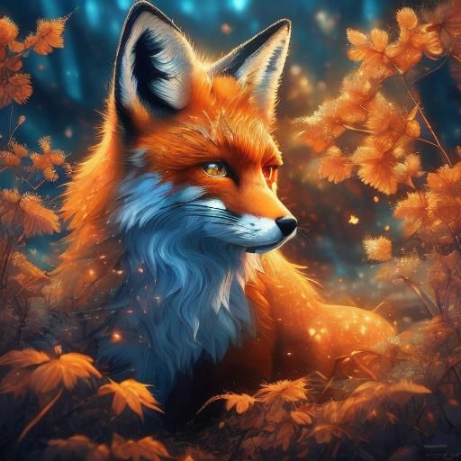 Orange Fox with Blue Eyes in Magical Forest