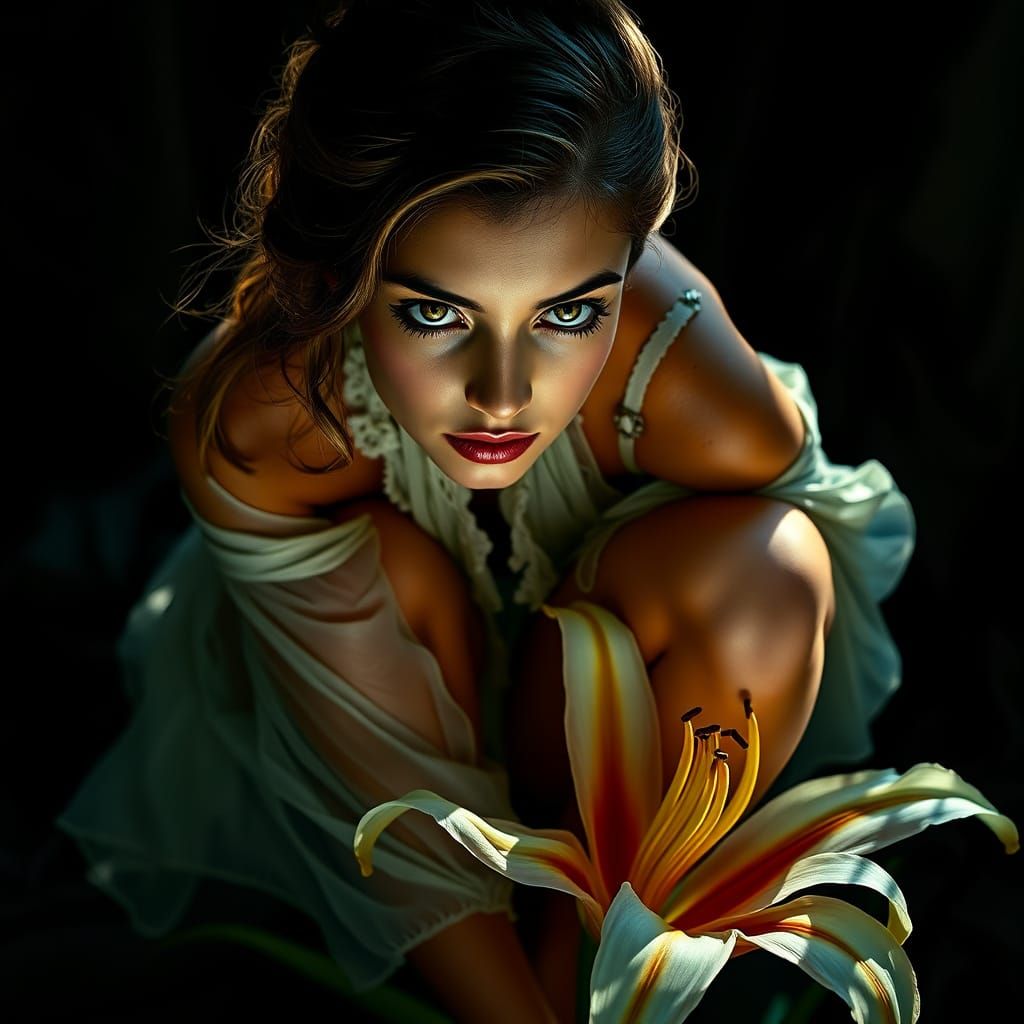 Woman on Lily Pad in Chiaroscuro Lighting