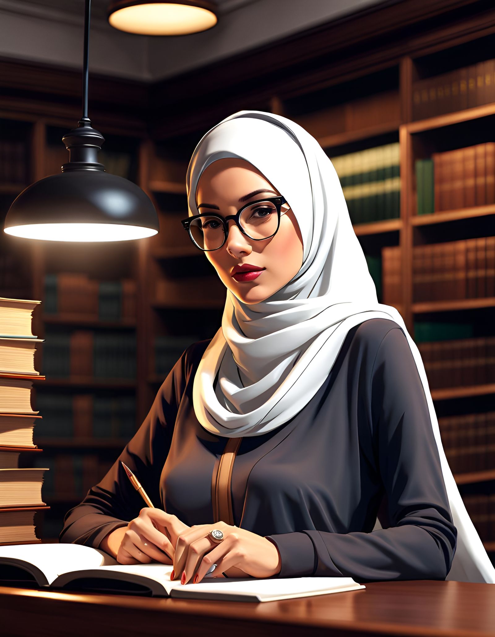 Hijabi Librarian in Library Setting, Digital Art