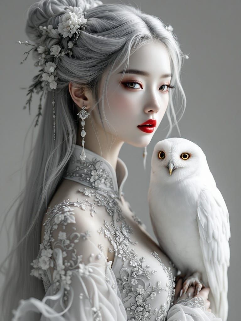 Ethereal Noblewoman Portrait in Monochrome with Red Lips