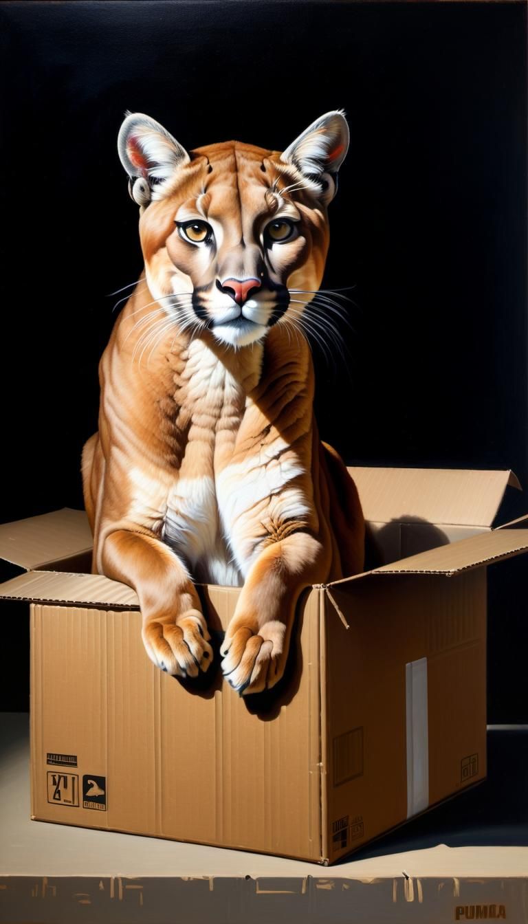 Puma sitting in a cardboard box
