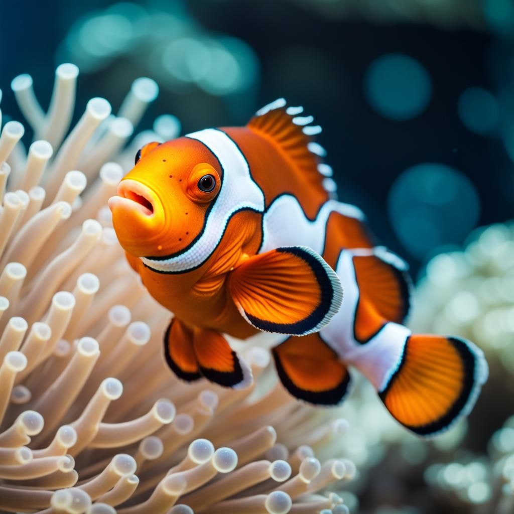 detailed mosaic clownfish in the coral reef, bubbles, seaweed, Professional photography, bokeh, natural lighting, canon ...