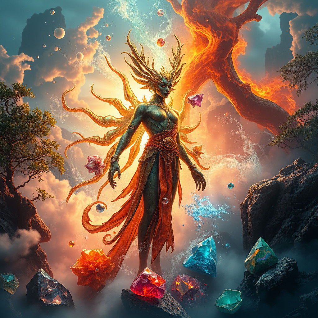 Elemental Being in Surreal Landscape, in Dark Fantasy Style