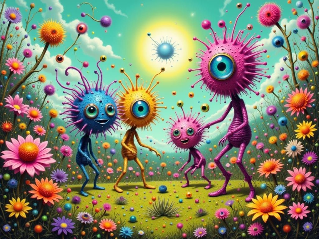 Whimsical Yarn Creatures Play in Surreal Park