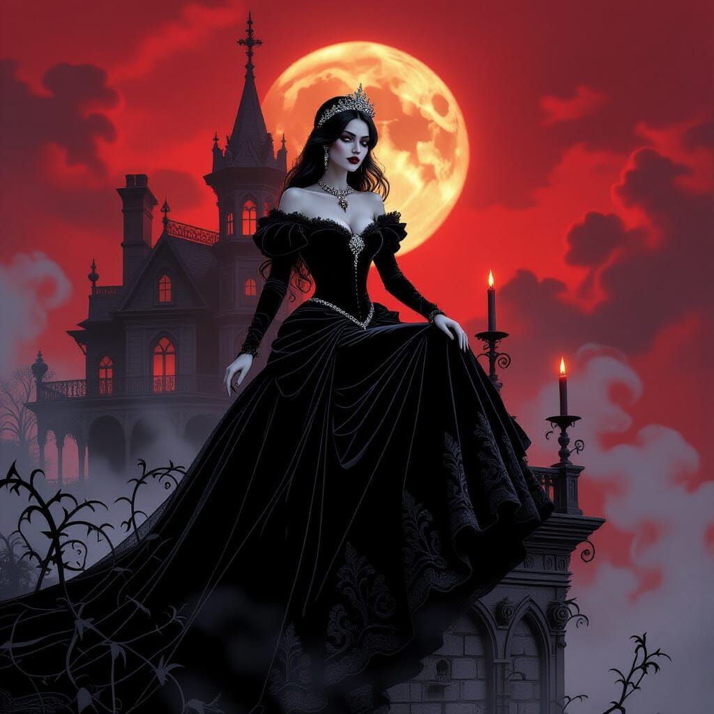 Vampire Bride in Dark Fantasy Style on Victorian Mansion