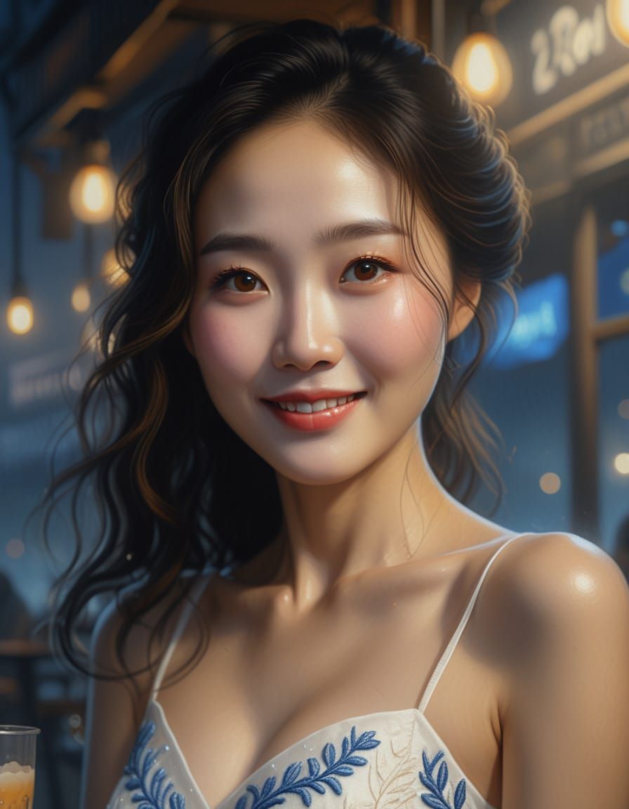 Romantic Surrealism: Korean Woman in Misty Cafe