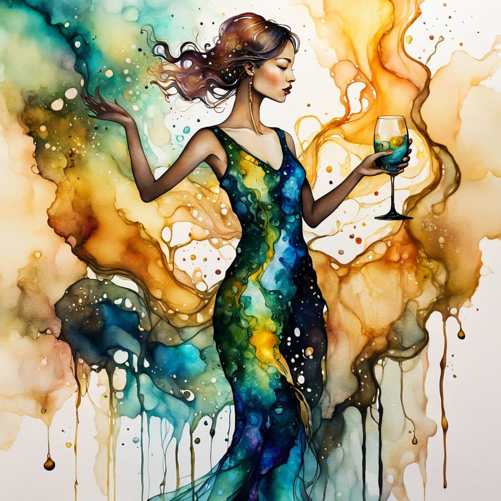 Woman with Glass in Abstract Alcohol Ink Wash