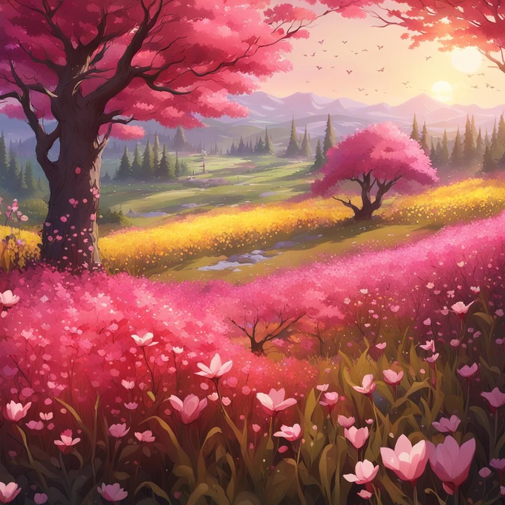 Vibrant Meadow with Anime-Inspired 3D Art