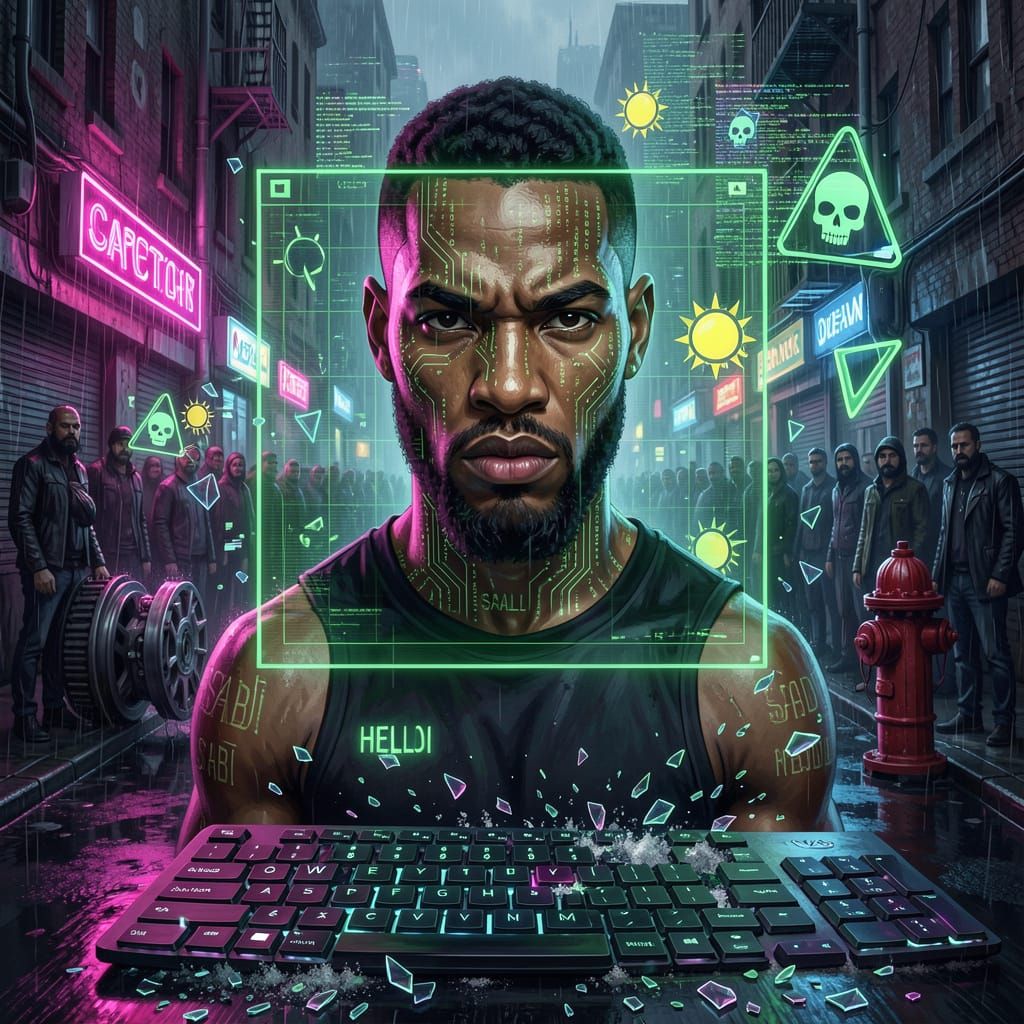 Cybernetic Israel Adesanya with Holographic CAPTCHA Grid