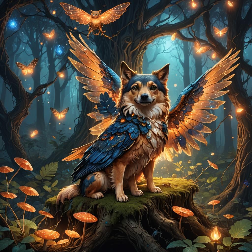 Dog-Owl Hybrid in Whimsical Forest Concept Art