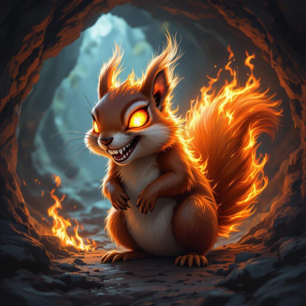 Evil Flaming Squirrel of Fire in Dark Cave