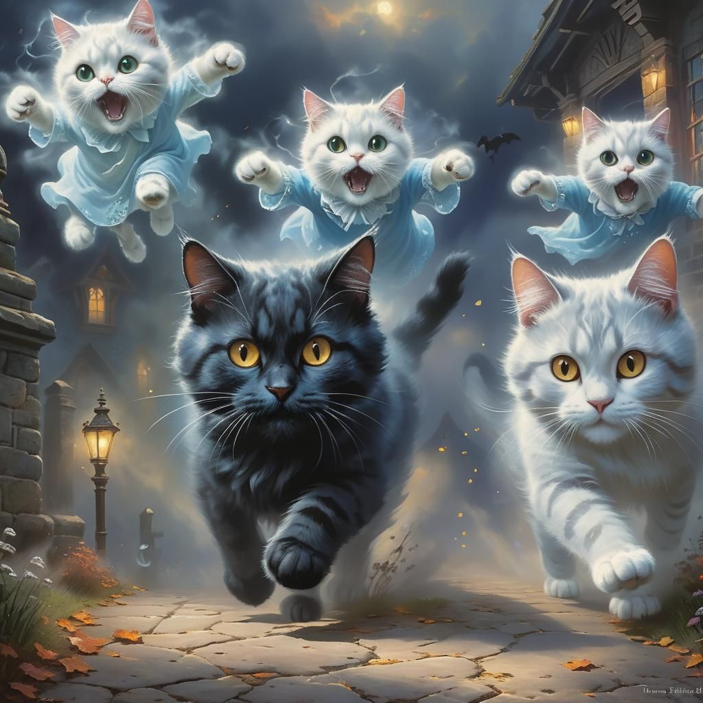 Scared Cats Running from Ghosts in Ethereal Fantasy
