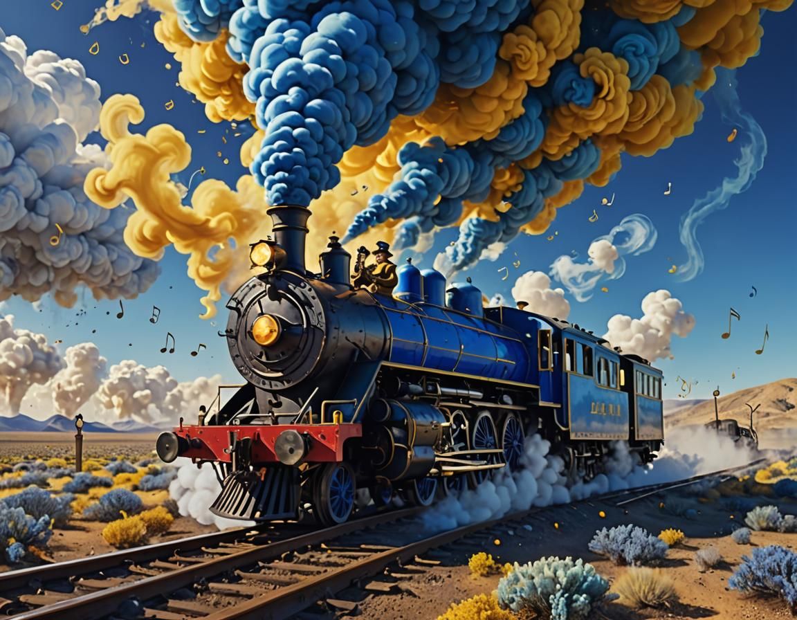 Surreal Flautist on Steam Train in Dalí Style