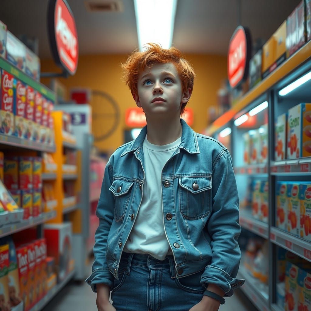 Young Man Realizes He's in a Simulated 1980s Supermarket
