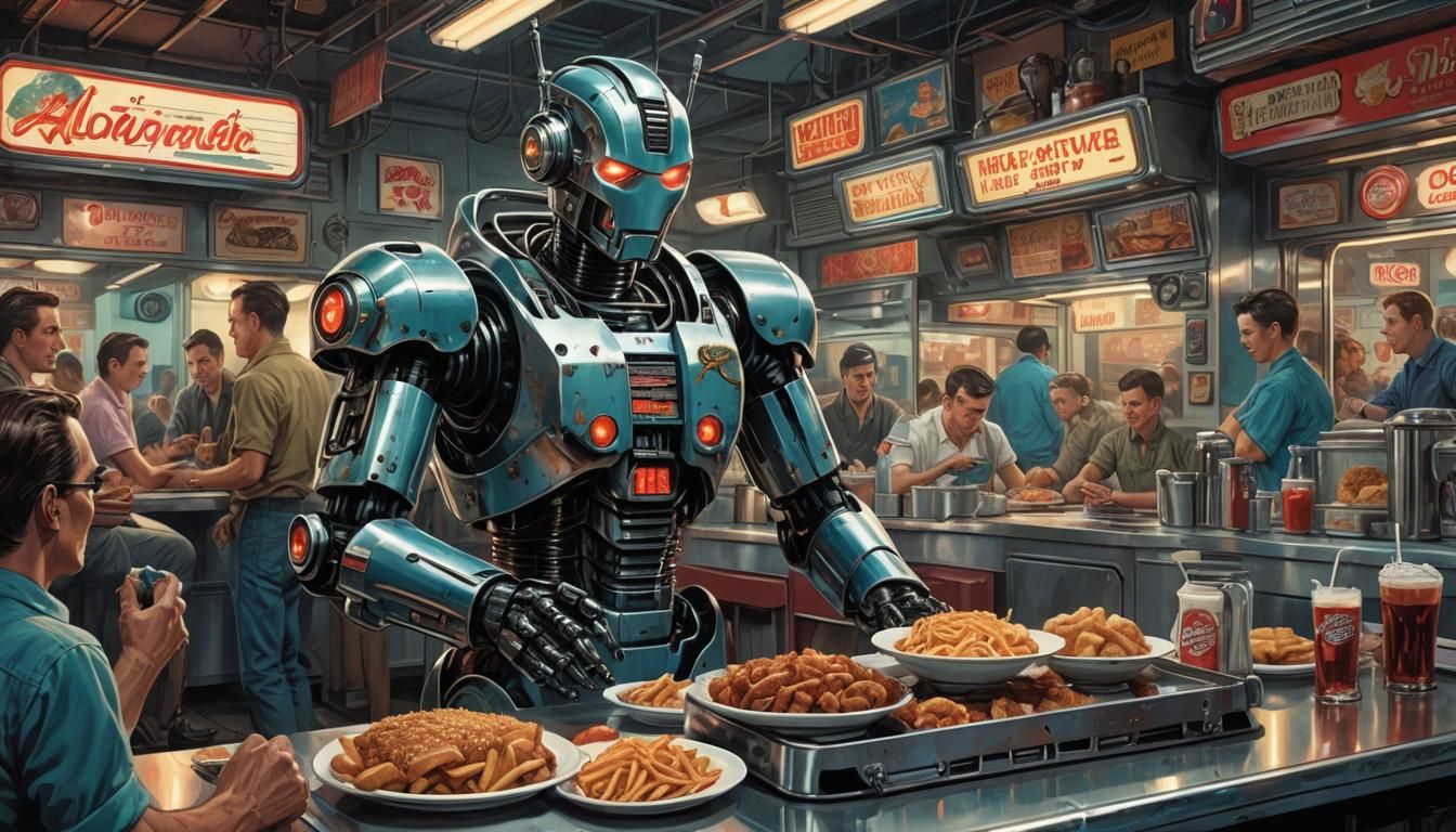 Cyberpunk Robot Waiter in Retro Diner