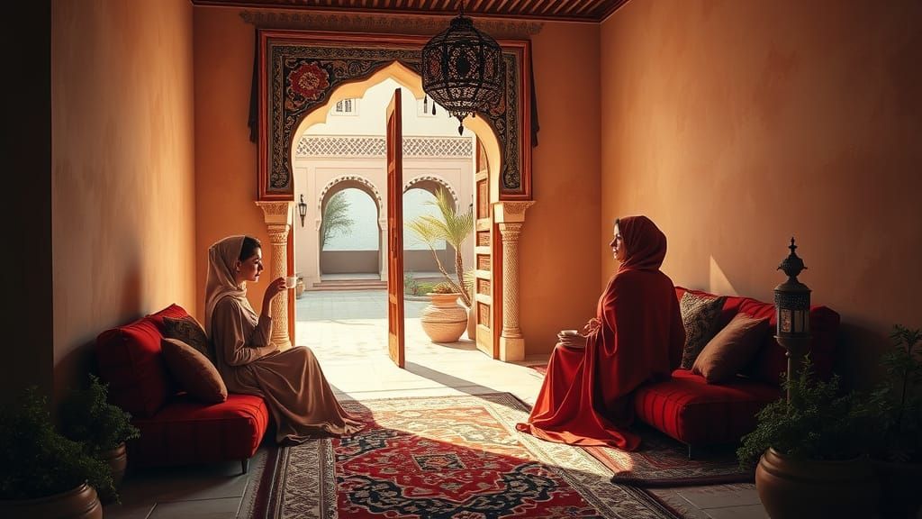 Whispers of Marrakesh: Serene Women in Red and Beige Sanctua...