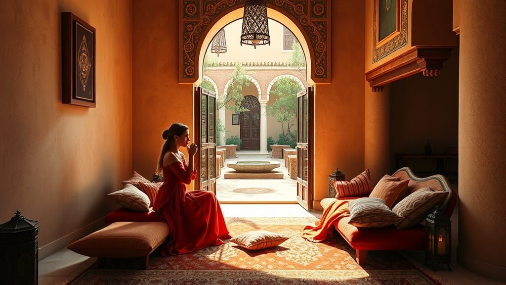 Elegant Moroccan Oasis with Women in Traditional Attire