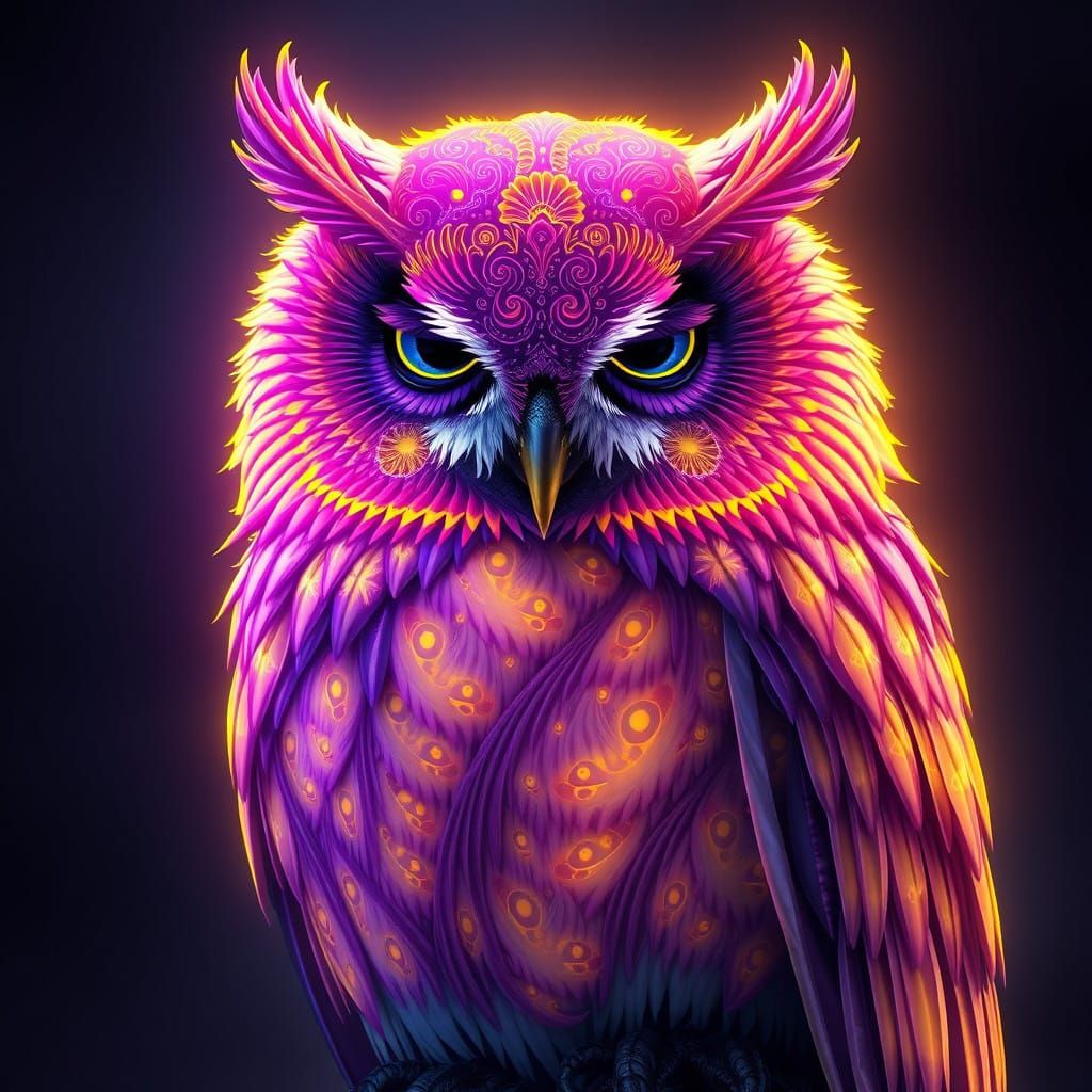 Surreal Owl in Psytrance-Inspired Neon Art
