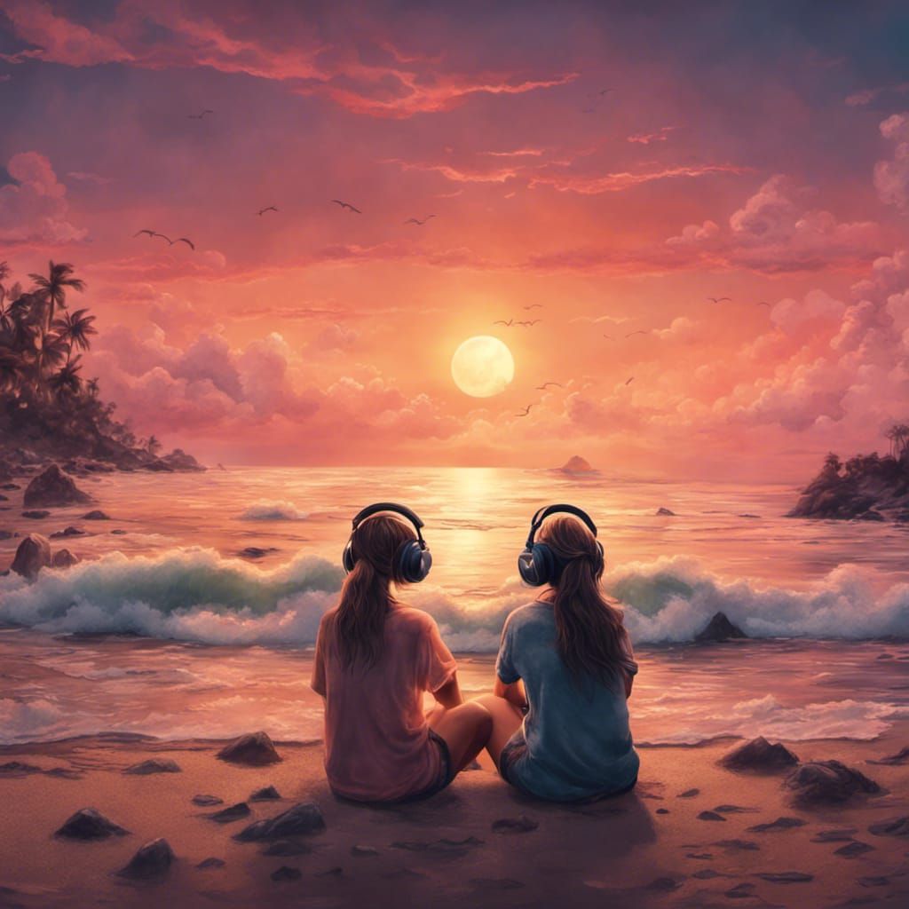 Friends on Beach at Sunset: Fantasy Concept Art
