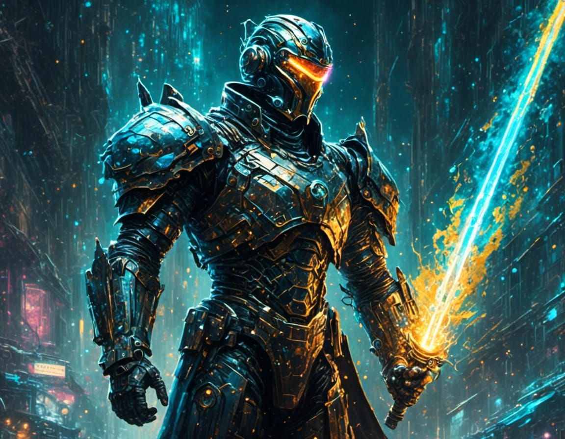 Sci-Fi Knight in Cyberpunk Dystopia