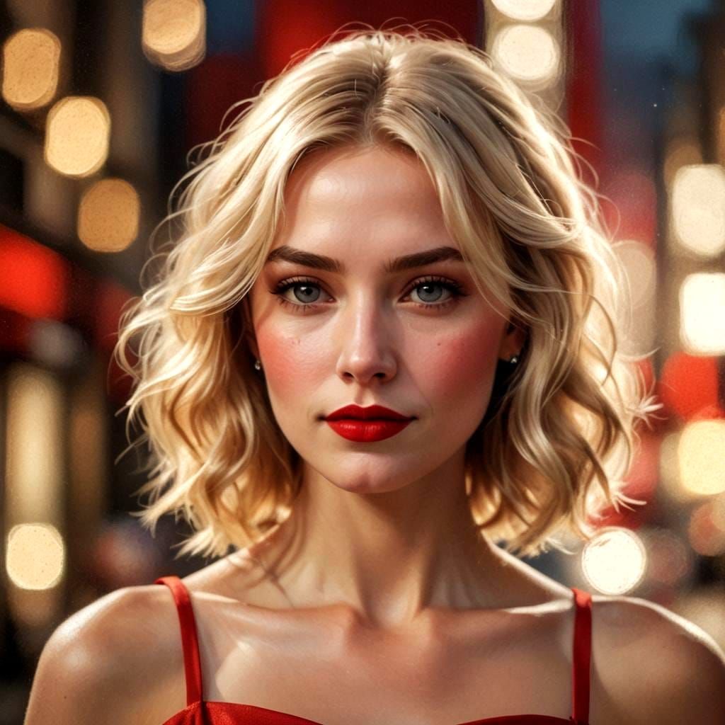 Blonde Woman in Red Dress: Painterly Portrait
