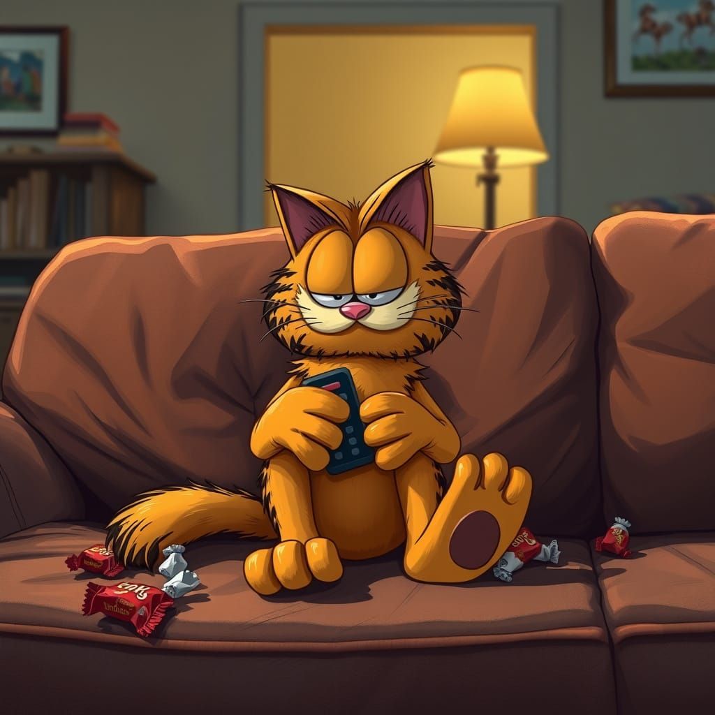 Photorealistic Garfield on Couch with Remote