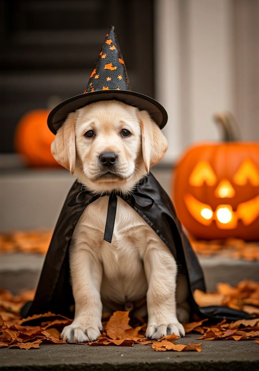 Golden Lab Puppy Witch on Halloween Doorstep
