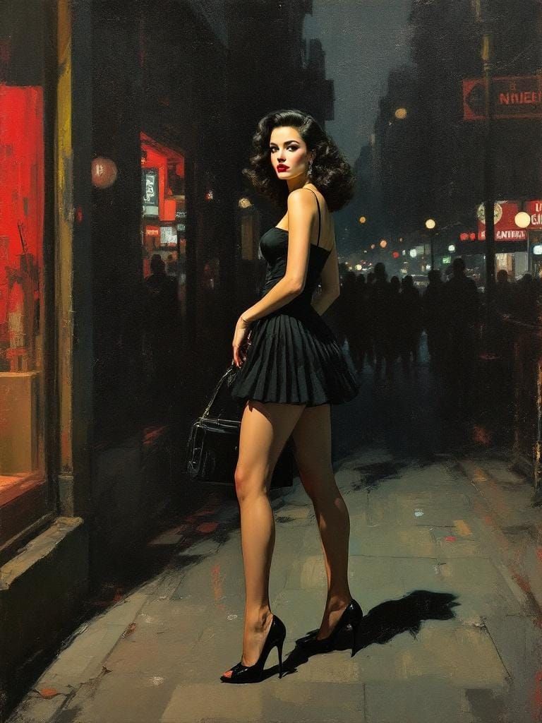 Curvy Pin-Up in Film Noir Impasto Style