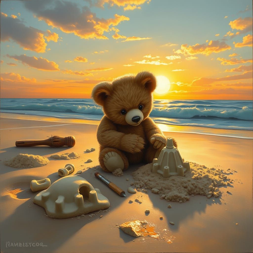 Hyperrealistic Teddy Bear Sandcastle at Sunset