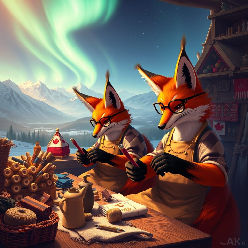 Vibrant Foxes Sew Patriotic Flags in Cozy Workshop