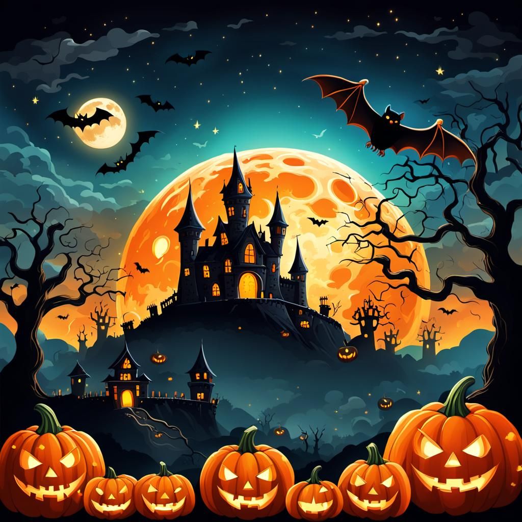 Creepy Halloween Scene with Castle, Bat, and Pumpkin