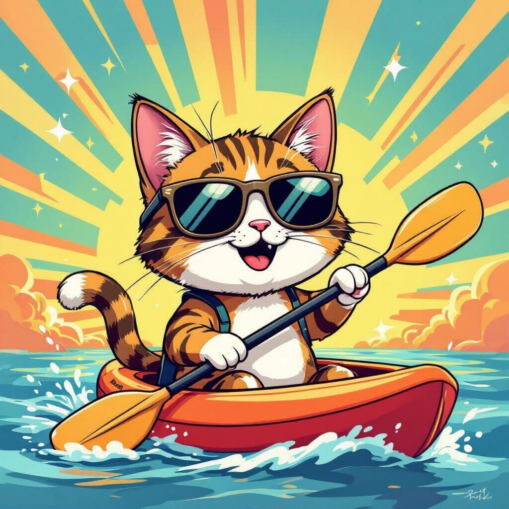Funny Cartoon Cat Kayaking in Vibrant Colors