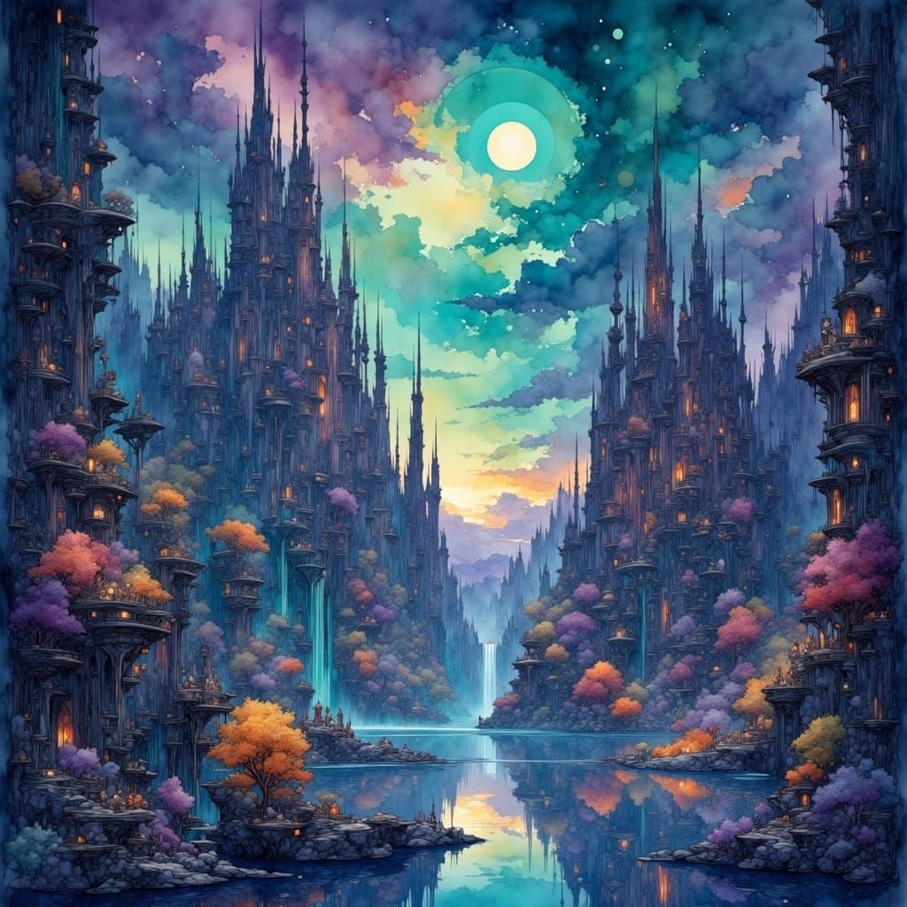 Ethereal Nightscape with Towering Spires and Iridescent Clou...