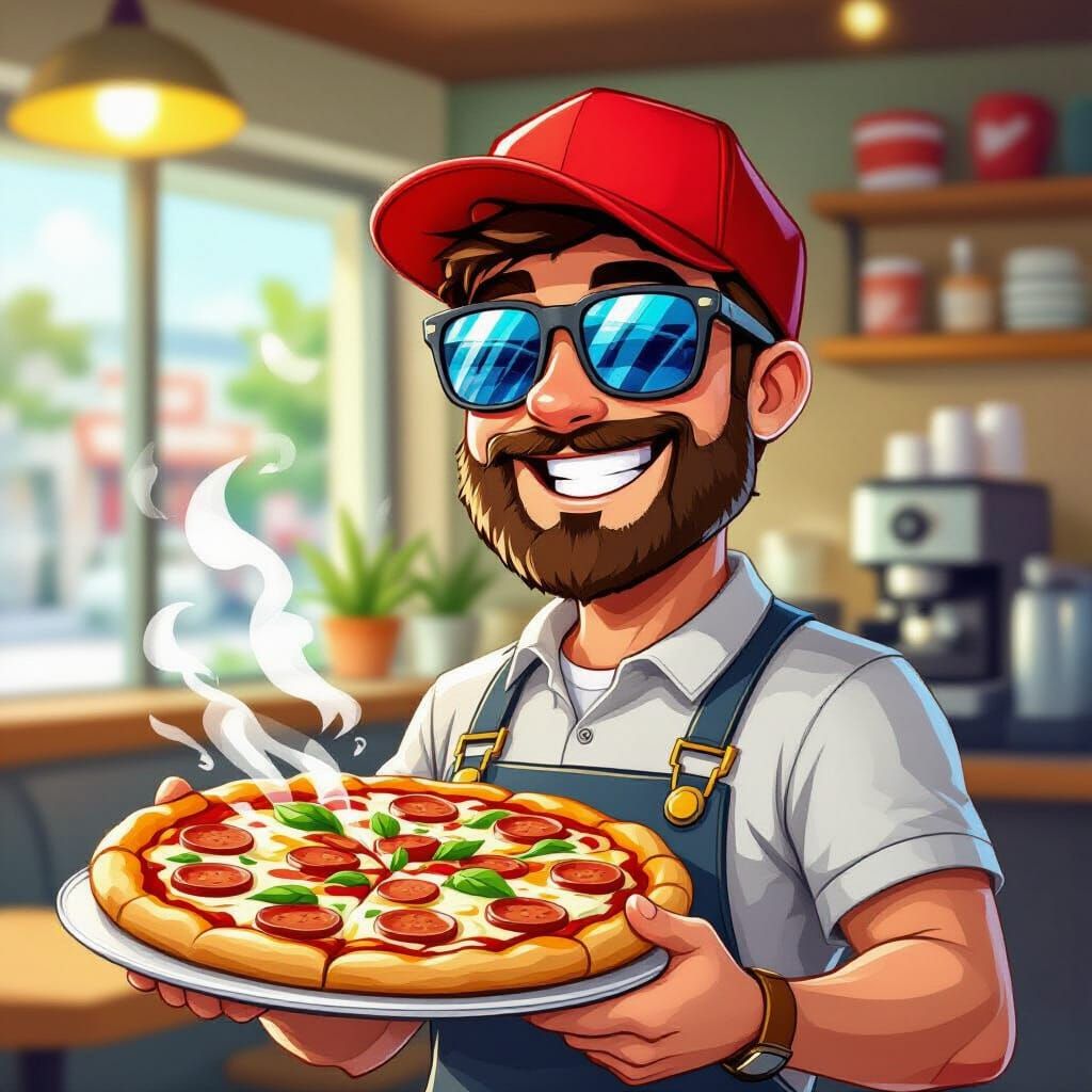 Cheerful Pizza Mascot in Sunglasses Serving Hot Pizza