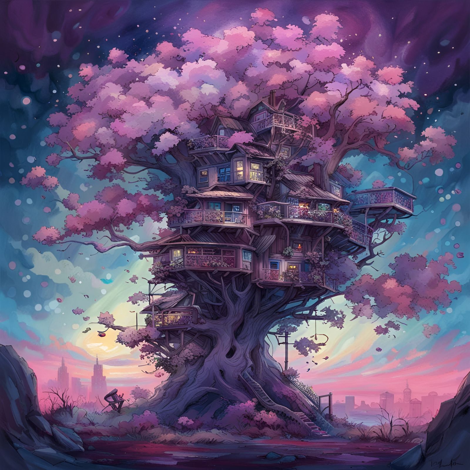 Overgrown Sci-Fi City Under Purple Moon, Cartoon Art