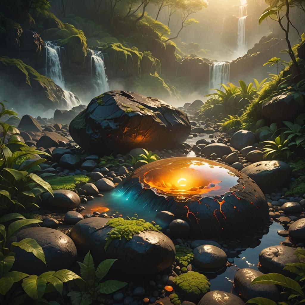 Glowing Pebble Radiates Warm Light in Fantasy Landscape
