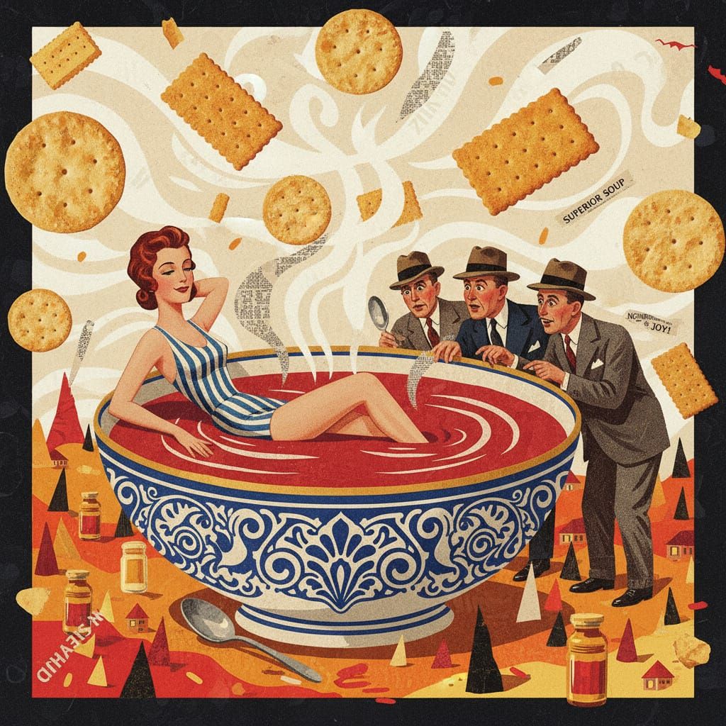 Surreal Woman Lounging in Vintage Tomato Soup Bowl