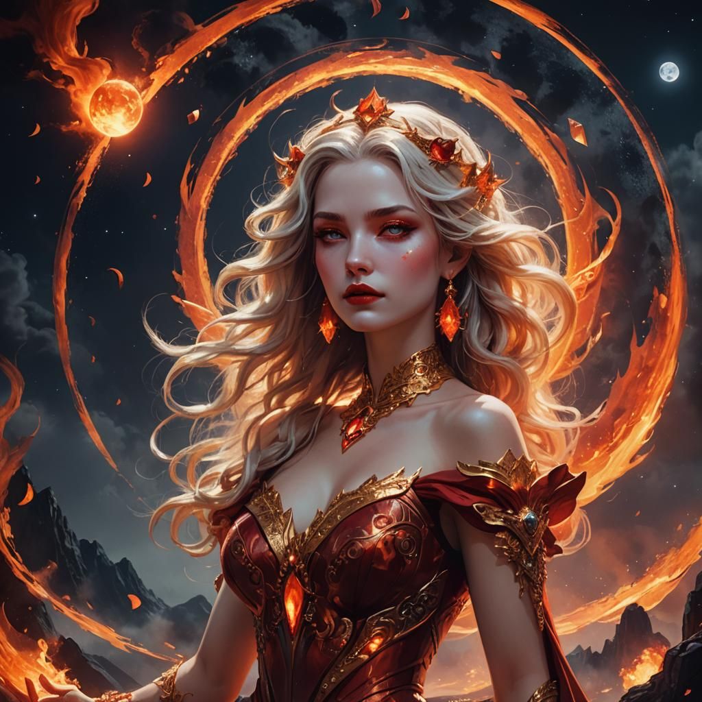 Fiery Goddess in a Fantasy Landscape