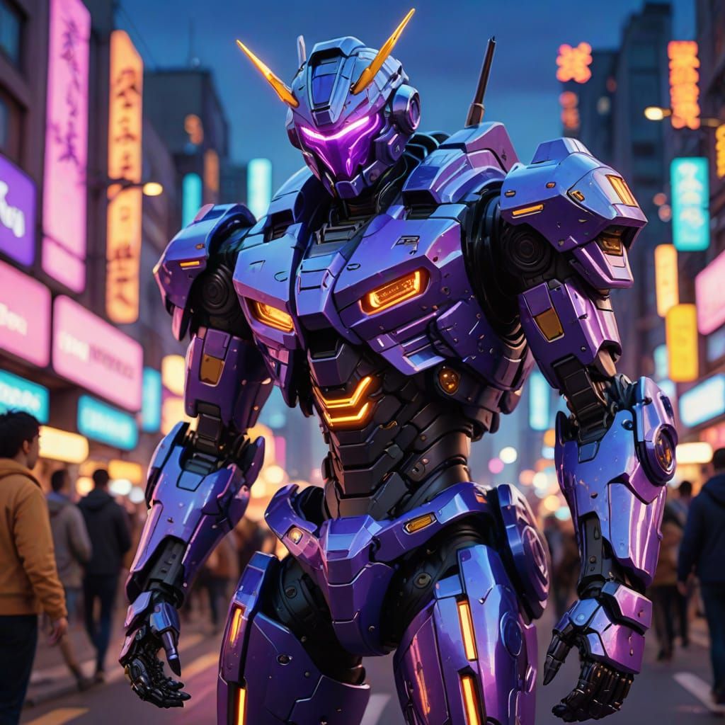 Mecha Marches in Neon City, Anime Style
