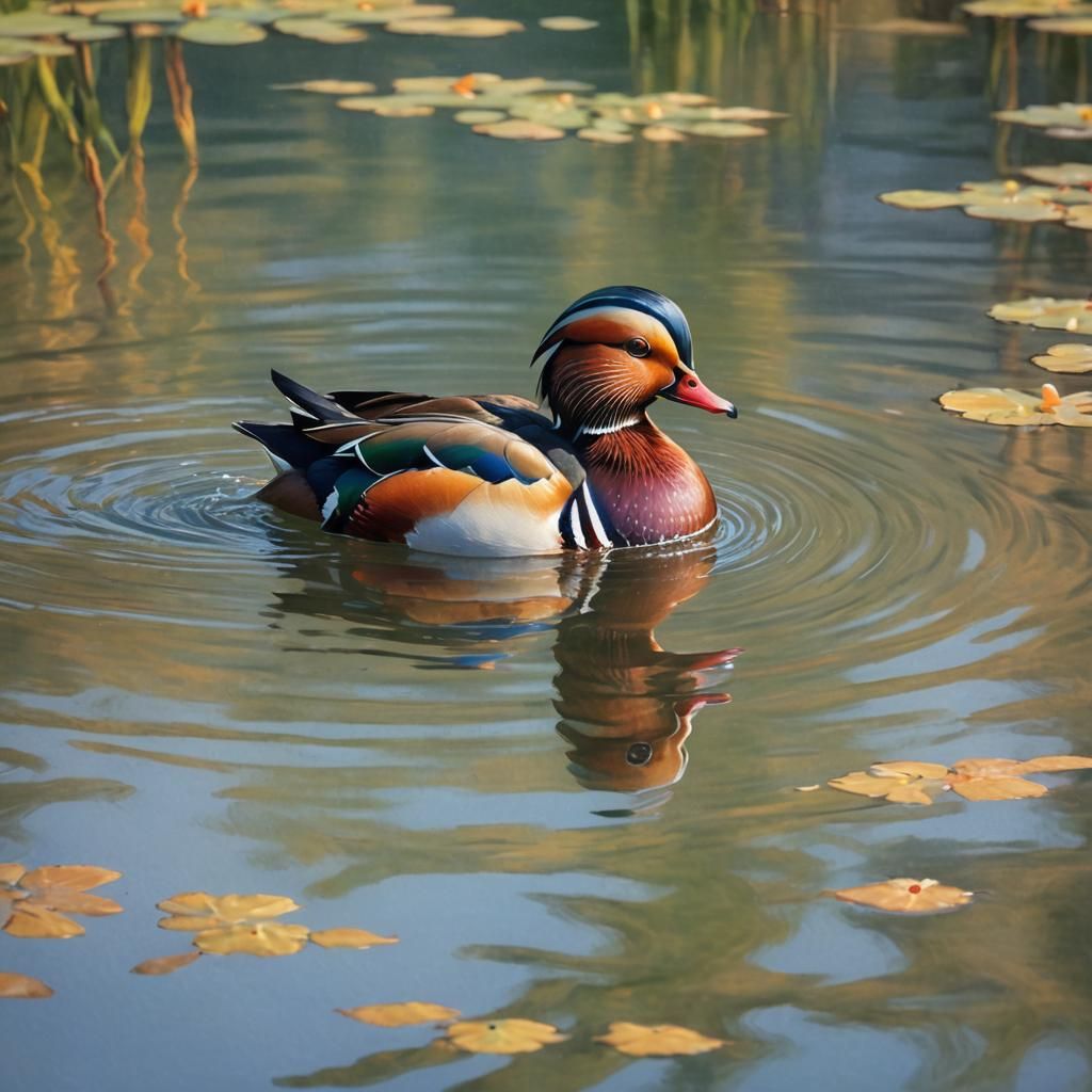Mandarin Duck on Lake: Impressionist Style