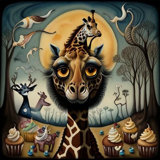 Surreal Giraffe Enjoying Cupcakes: Dali-esque Watercolor
