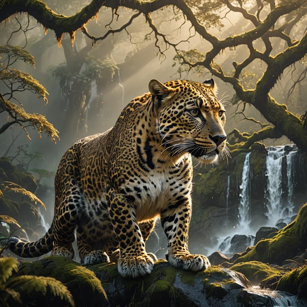 Leopard at Waterfall in Misty Forest: Digital Art