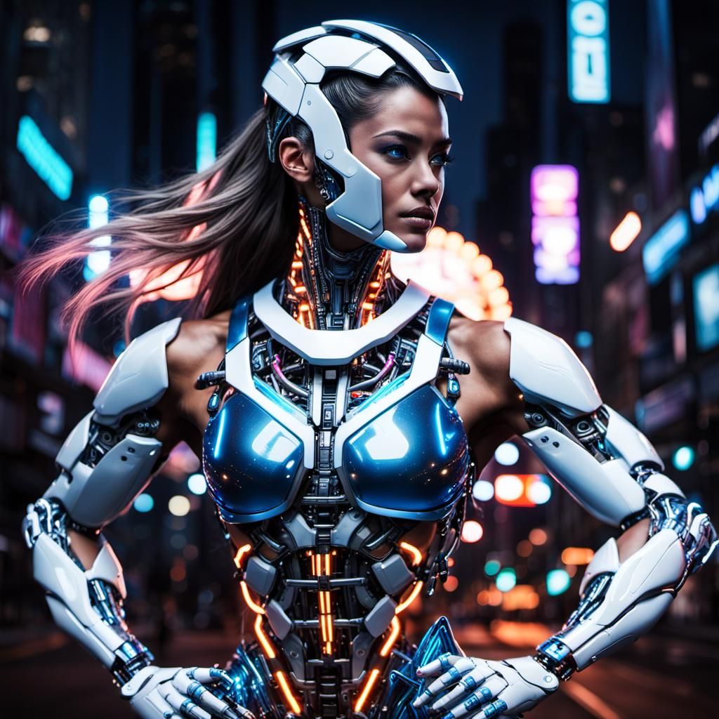 Cyberpunk Cyborg Woman in Neon Metropolis