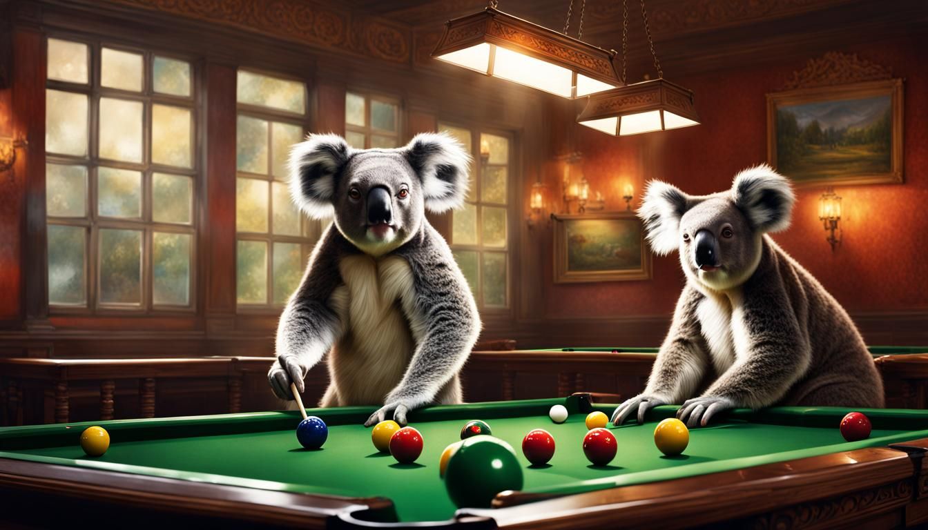 Koala and Kangaroo Play Snooker: Hyperrealistic Art