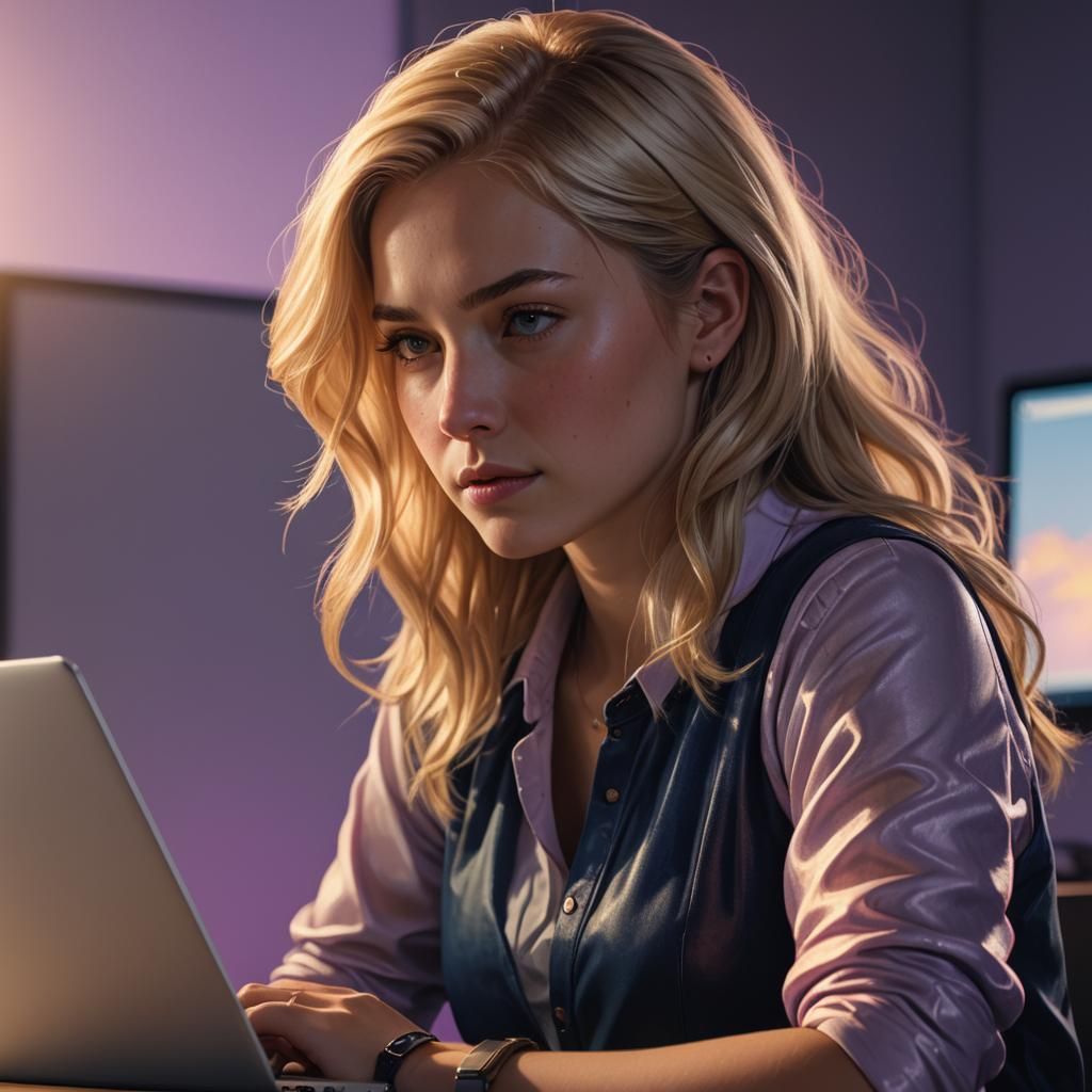 Woman at Desk with Laptop in Hyperrealistic Digital Art